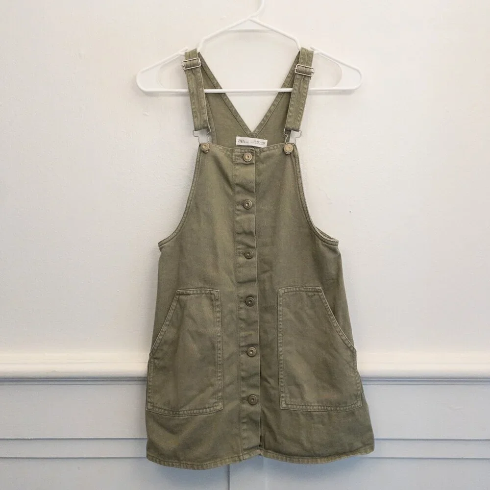 ZARA Kids Olive Green Overall Dress Size 11-12 Button Front Cotton Utility